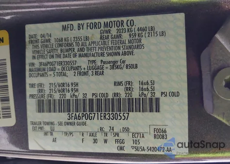 2014 Ford Fusion S from USA, damaged, VIN 3FA6P0G71ER330557